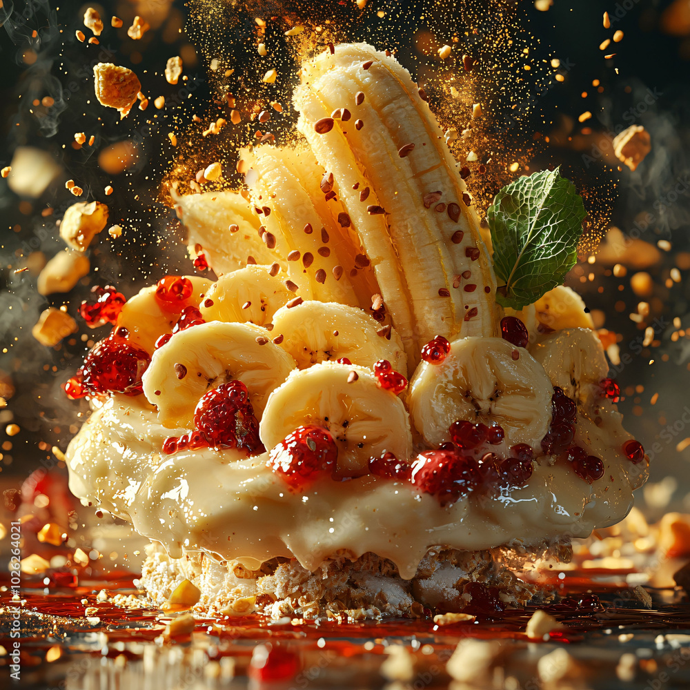 Poster delight in this vibrant dessert featuring luscious banana and raspberry topping, beautifully arrange