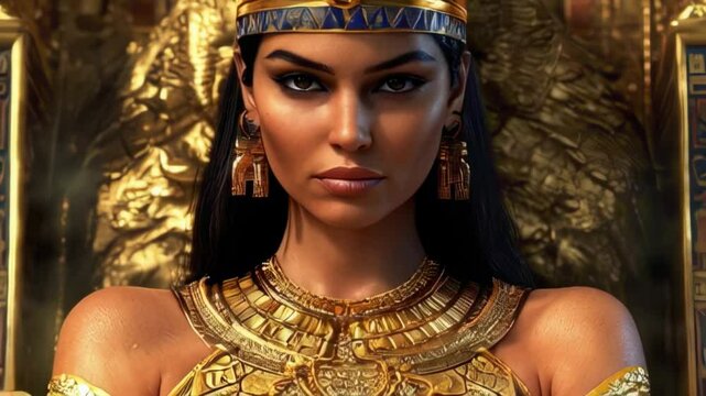 Cleopatra Wearing a Golden Headdress Elaborate Attire with a Serious Expression in an Egyptian Temple