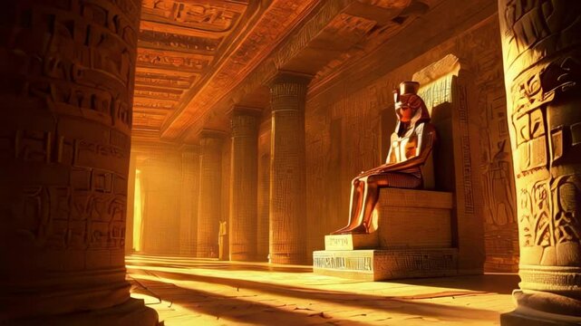 Ancient Pharaoh Statue Illuminated by Golden Light in a Historic Egyptian Temple