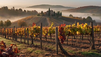 autumn vineyard with morning mist