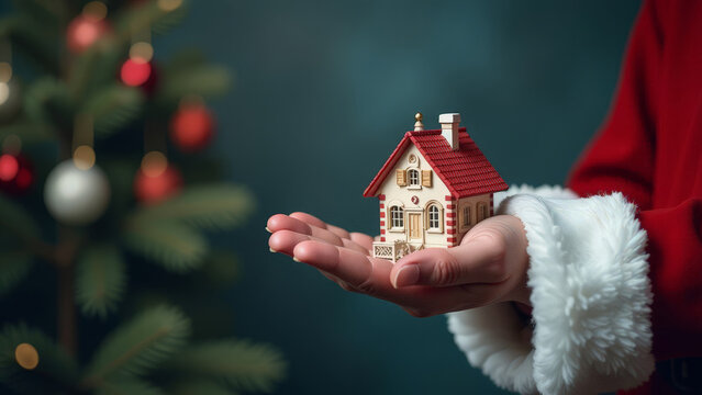 Santa Claus' hand holding a toy house on the background of a Christmas tree