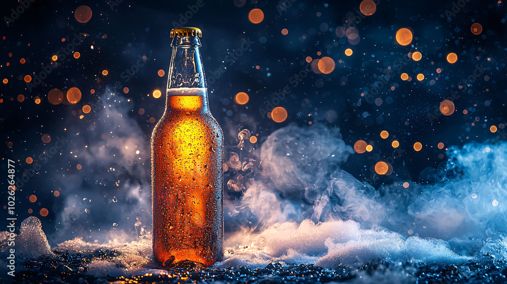Poster chilled beverage bottle glistens with condensation, surrounded by misty atmosphere and sparkling bok