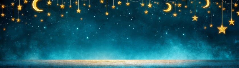 Fototapeta premium Night sky with stars and crescent moons on a blue background, dreamy atmosphere.