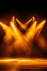 This image showcases multiple spotlights illuminating a wooden stage floor with golden beams. The dramatic lighting creates a striking backdrop for theatrical performances  concerts  or other events