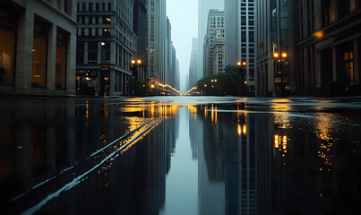 Fototapeta premium Urban Reflection in Rainy Chicago Streets