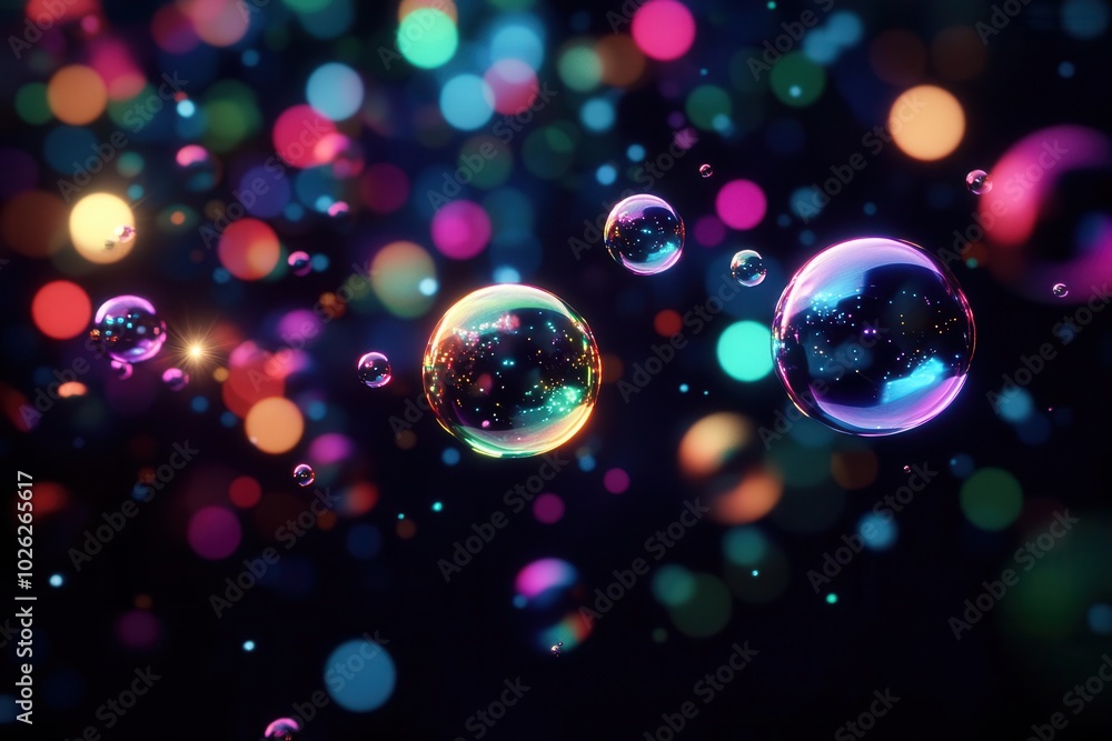 Wall mural abstract background featuring iridescent rainbow bubbles and bokeh lights, perfect for adding a whim