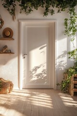 Serene indoor setting with a white door surrounded by greenery and warm sunlight in afternoon