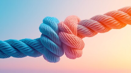 Closeup shot of two thick ropes intertwined by a sturdy knot against a soft pastel background, symbolizing the unbreakable bond of strength and unity.