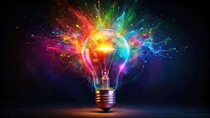 Colorful exploding light bulb on dark backdrop