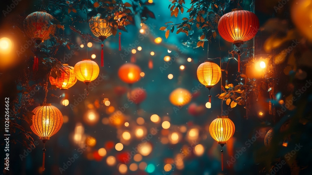 Poster illuminated chinese lanterns hanging from tree branches with bokeh lights in the background
