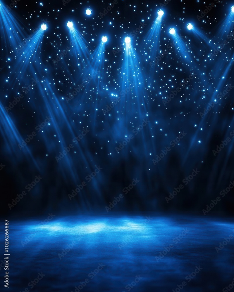 Wall mural blue stage lights with spotlights and glowing dust particles, perfect for creating a dynamic and ene