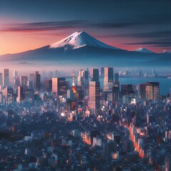 Tokyo skyline with Mount fuji panolamic view, twilight scene of city buildings with snow-covered Fuji background, majestic dynamic urban landscape in japan, commercial, editorial travel banner.