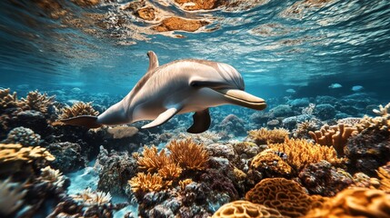 Dolphin swimming in vibrant coral reef underwater scene with clear blue water and colorful marine life.