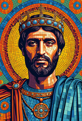 Regal Bearded Man with Crown Gazing Intently Against Vibrant Mosaic Background