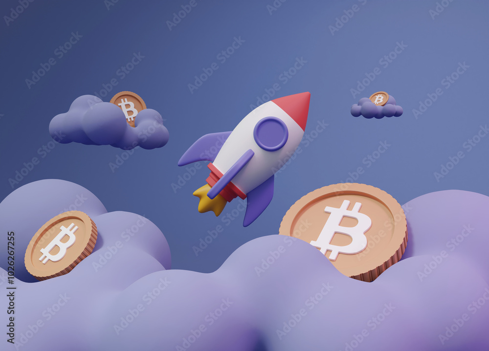 Poster 3d rendered illustration of a close-up view icon of clouds and smoke. along with bitcoin coins as th
