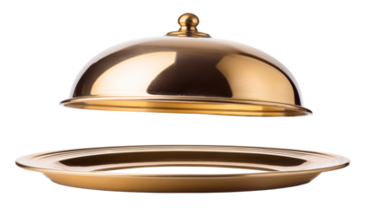 Golden serving cloche raised above empty golden plate  on transparent background