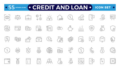 Credit and Loan Outline icons collection. Big UI icon set in a flat design. Credit card, deposit, car leasing, rate interest, calculator, income, rating, collection. Editable stroke outline icon. 