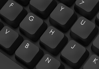 The computer keyboard is black. Close-up of the keyboard. Letters on the keys. 3d rendering on the subject of printing, keyboard, keycaps, switches, text, information. Minimal style.
