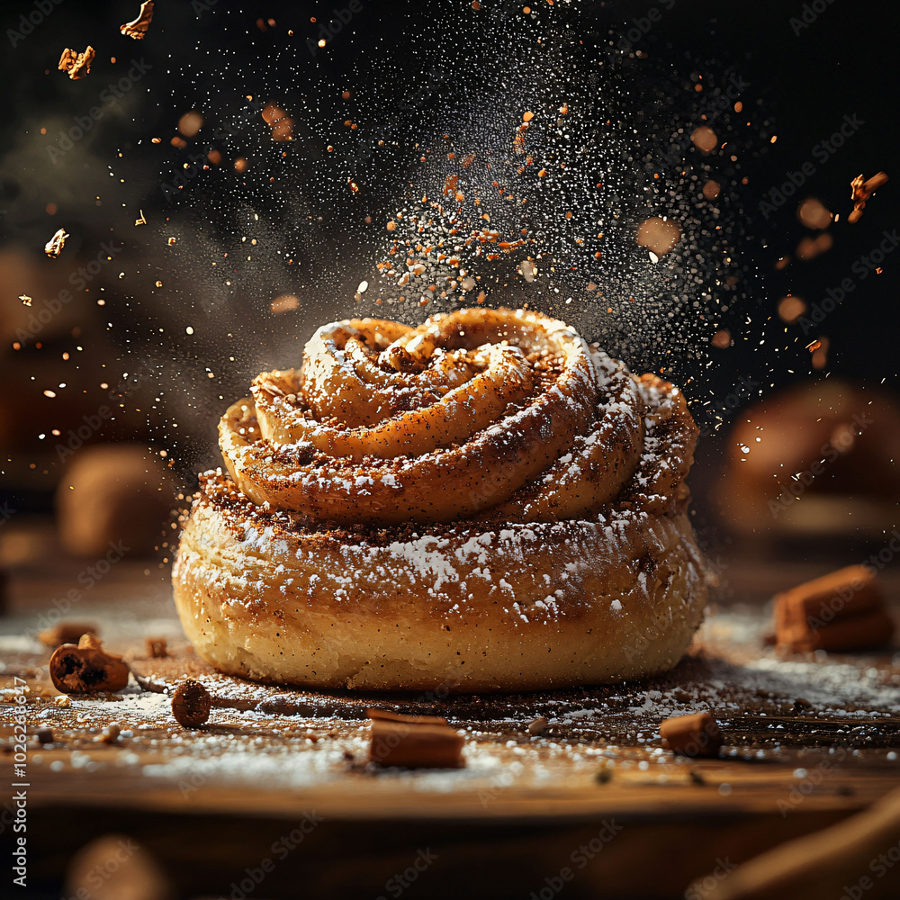 Poster Delicious cinnamon roll with swirl of icing, dusted with powdered sugar and surrounded by cinnamon sticks and crumbs, creating warm and inviting atmosphere