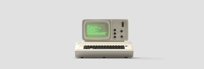 An old computer. On the screen, the Basic code displays the inscription "Hello world!", green color. 3d rendering on the topic of PC, code, programming, development, technology. Grey background.
