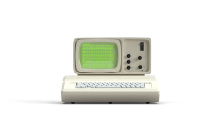 An old computer. On the screen, the Basic image output code is green. 3d rendering on the topic of PC, code, programming, development, technology. Transparent background.