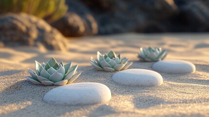 Fototapeta premium Succulents and White Stones on a Sandy Surface