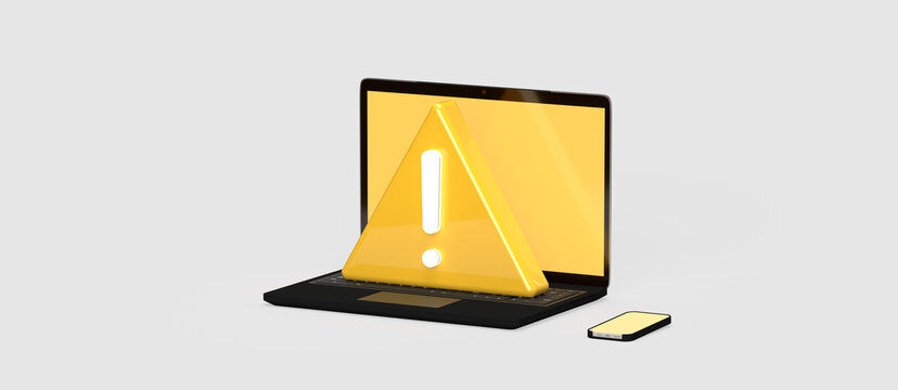 An exclamation mark in a yellow triangle on a laptop and a phone. Glowing symbol. 3d render on the topic of security, hacked, hacker attack, error, failure. Grey background.