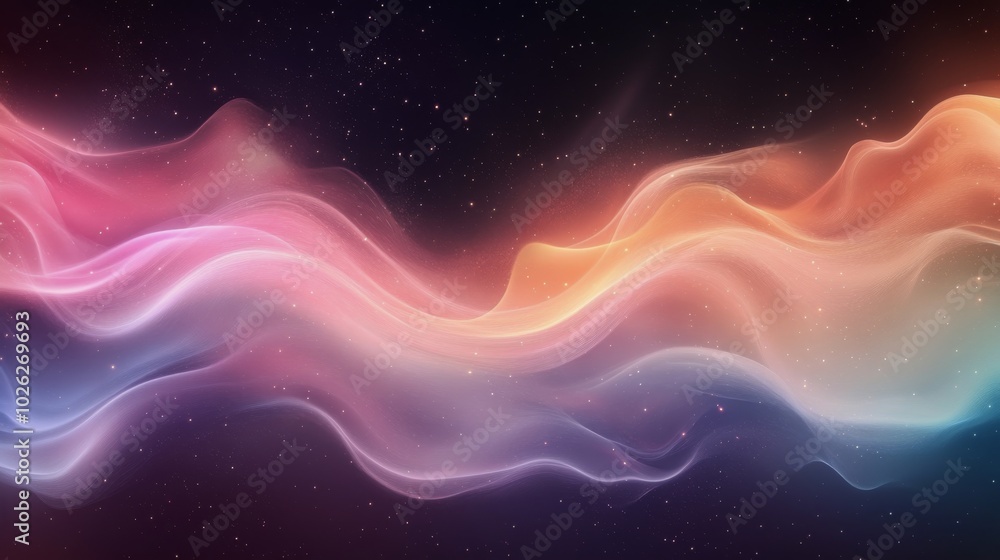 Poster colorful abstract wave pattern over a starry background creating a serene, cosmic atmosphere