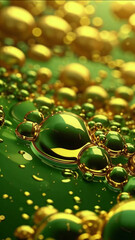 Emerald green spherical droplets of various sizes floating against a green background. Abstract pattern of yellow and green oil droplets on water. 
