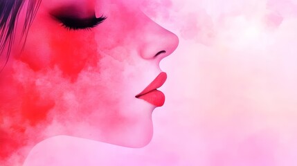 Obraz premium Profile of a woman with artistic pink watercolor effects blending softly.