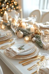 Elegant dining table setting with festive decor and golden cutlery for a holiday celebration