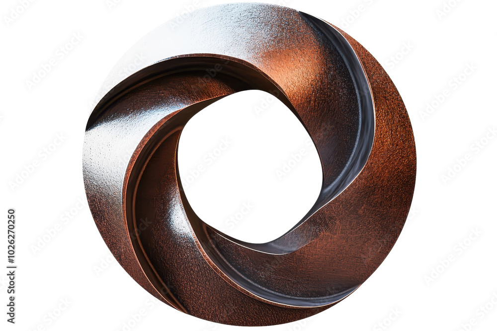 Poster abstract metallic sculpture in a twisted circular form, displaying intricate textures and patterns, 