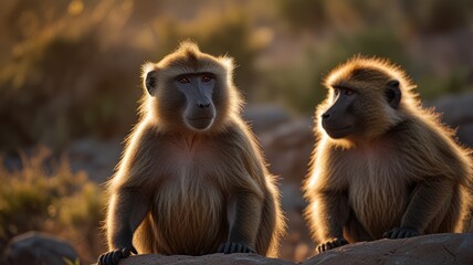 Obraz premium Two baboons sitting on a rock in the golden light of the setting sun.