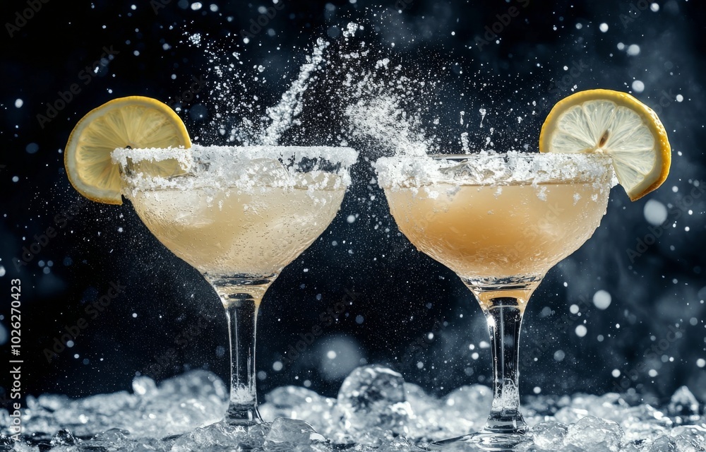 Poster refreshing citrus drinks with ice and lemon slices in a lively setting