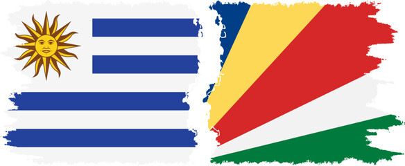 Seychelles and Uruguay grunge flags connection, vector