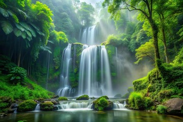 Naklejka premium Mist at waterfall and green forest reflection