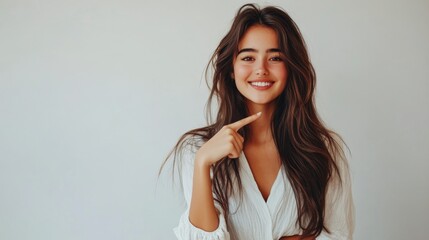 Fototapeta premium Young woman with long hair smiling and pointing at herself against a plain background during daytime