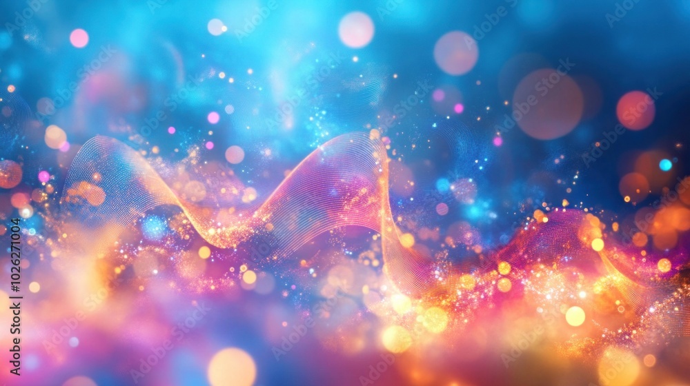 Poster abstract background with colorful bokeh and glowing particles.