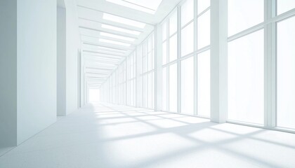 Fototapeta premium A bright, minimalist corridor with large windows, creating an airy and open atmosphere.