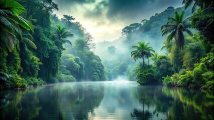 Obraz premium Misty jungle scene with body of water POV