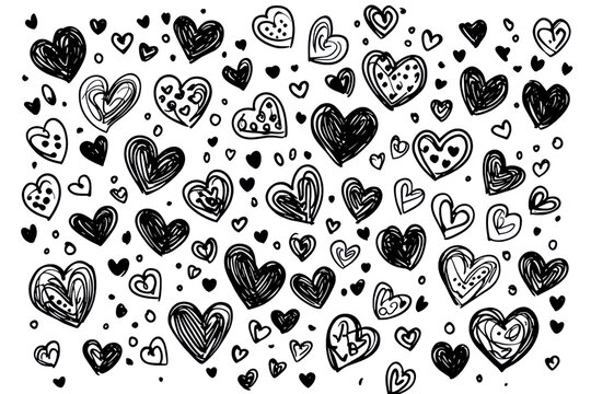 Charming black heart pattern with doodle style on transparent background, perfect for Valentine's Day designs and romantic projects.