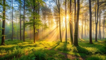 Obraz premium Misty morning forest spring sun back