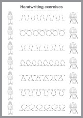 Basic writing exercises. Trace line worksheets for children. Preschool handwriting practice. Vector illustration. A4 - ready to print format