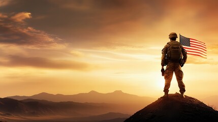 Lone American soldier standing atop a hill with a flag, gazing towards the horizon against a vibrant sunset sky, symbolizing military strength, patriotism, and honor. Capturing a powerful and emotiona