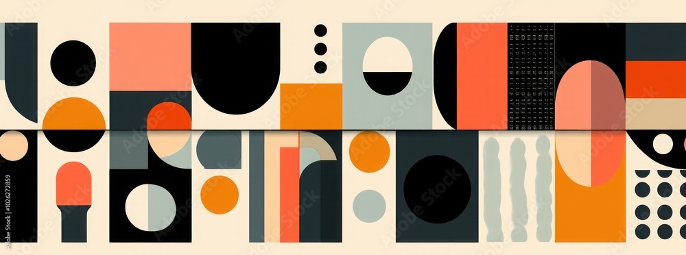 Poster abstract geometric design with various shapes, colors and patterns in a colorful, modern style.