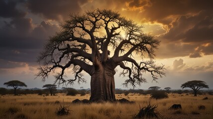 Obraz premium A majestic baobab tree stands tall against a dramatic sunset sky in the African savanna. (1)