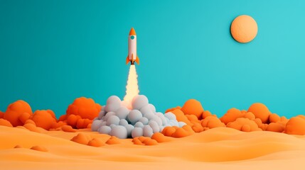 Rocket launching amidst colorful clouds and a bright sun