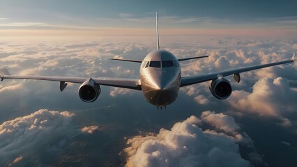 A passenger plane flying through a bright sky, surrounded by soft, white clouds, creating a serene...