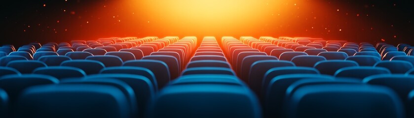 Obraz premium Rows of empty cinema seats with a dramatic light effect in the background.