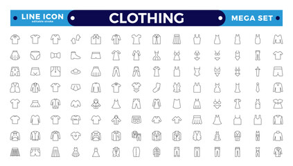 Clothes outline icons set. Sweatshirt, hoody, pullover, bath suit, jacket, evening dress, cardigan, trousers visualization vector illustration. Editable stroke outline icon.
